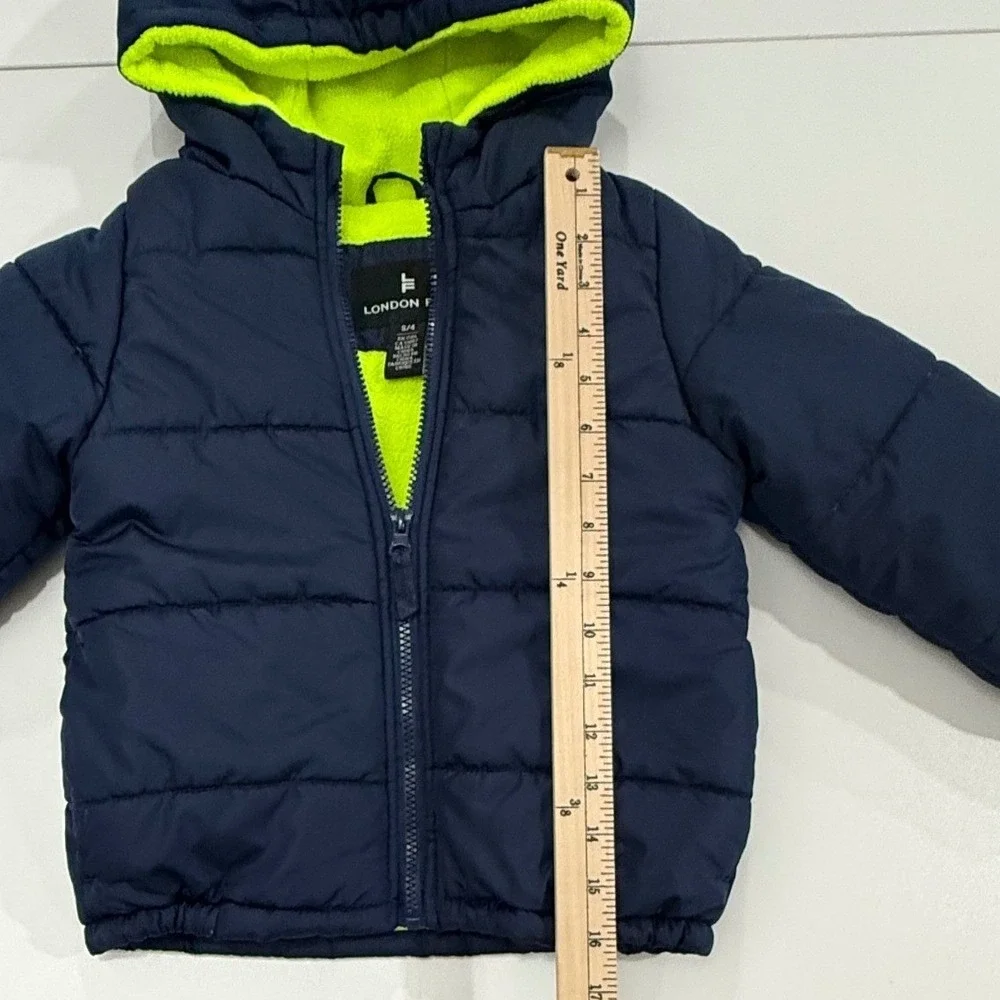 London Fog Kids Navy Blue Yellow Fleece Lined Puffer Jacket Hooded Size S/4